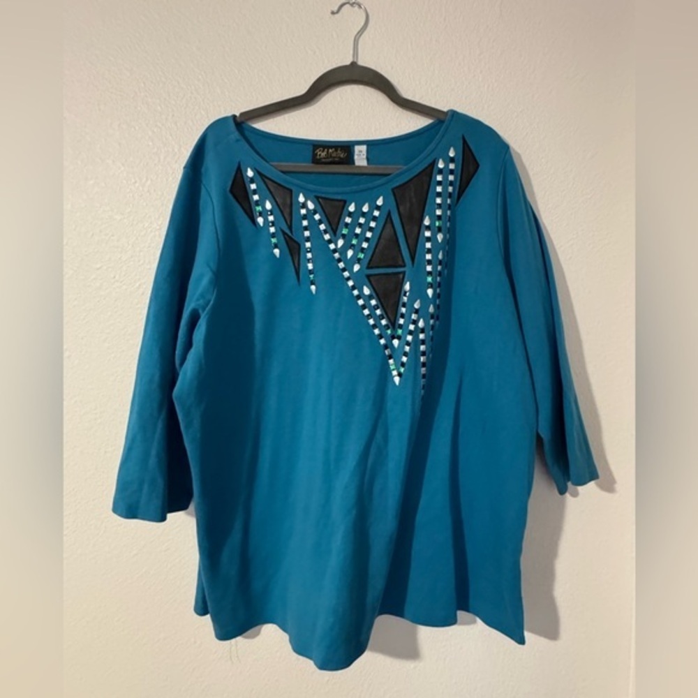Bob Mackie Wearable Art Teal and Black Geometric Long Sleeve Top Size 2X